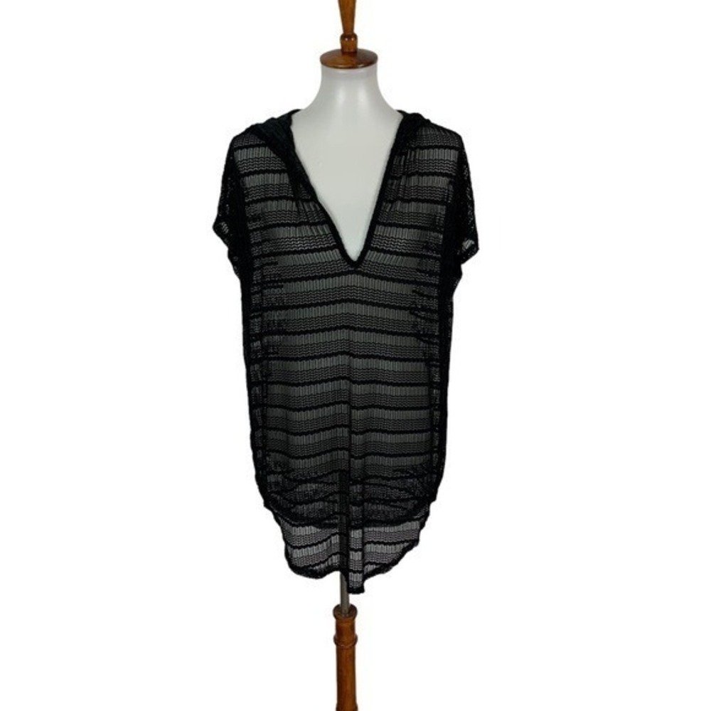 Jordan Taylor Black Mesh Striped Hooded Swim Cover Up Tunic Medium Lightweight